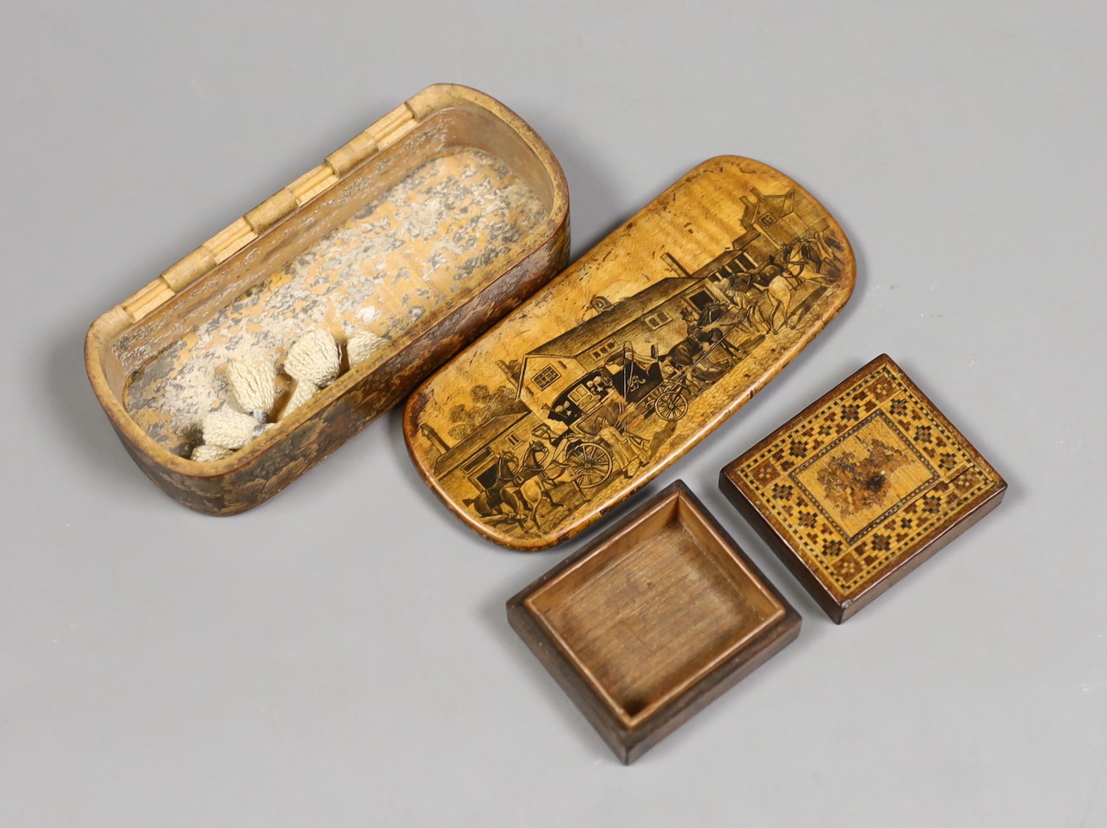 A group of treen items to include a Mauchline ware box, a Tunbridge box and two other boxes, tallest 10cm, (4)